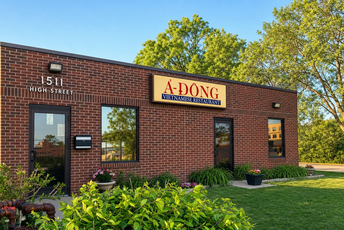 A Dong's brick facade with the Á-ĐÔNG Vietnamese Restaurant sign on High Street