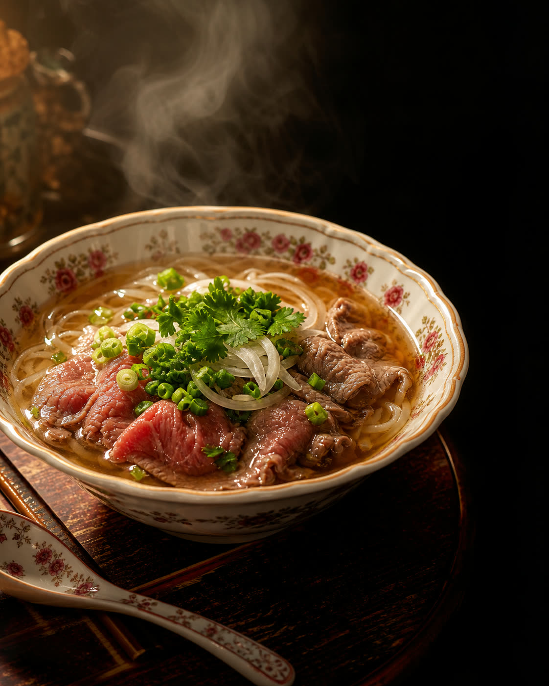 A steaming bowl of A Dong pho — rare beef, scallions and cilantro on floral china, lit warm against the dark