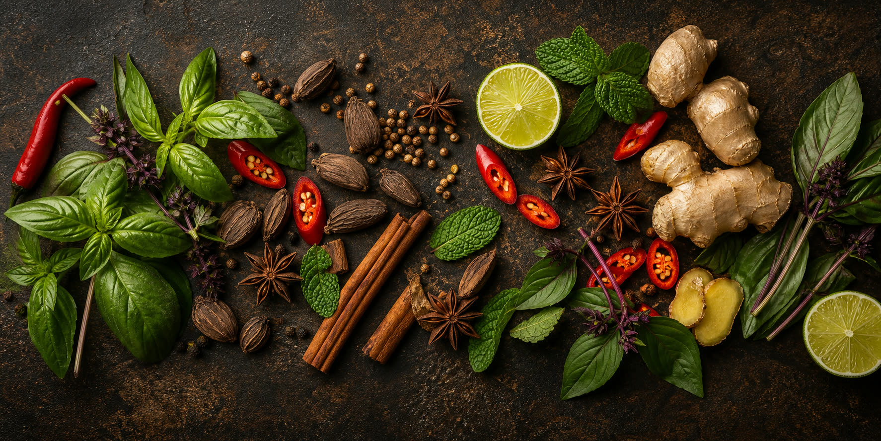 Pho aromatics — star anise, cinnamon, cardamom, Thai basil, lime, chili and ginger on a dark surface